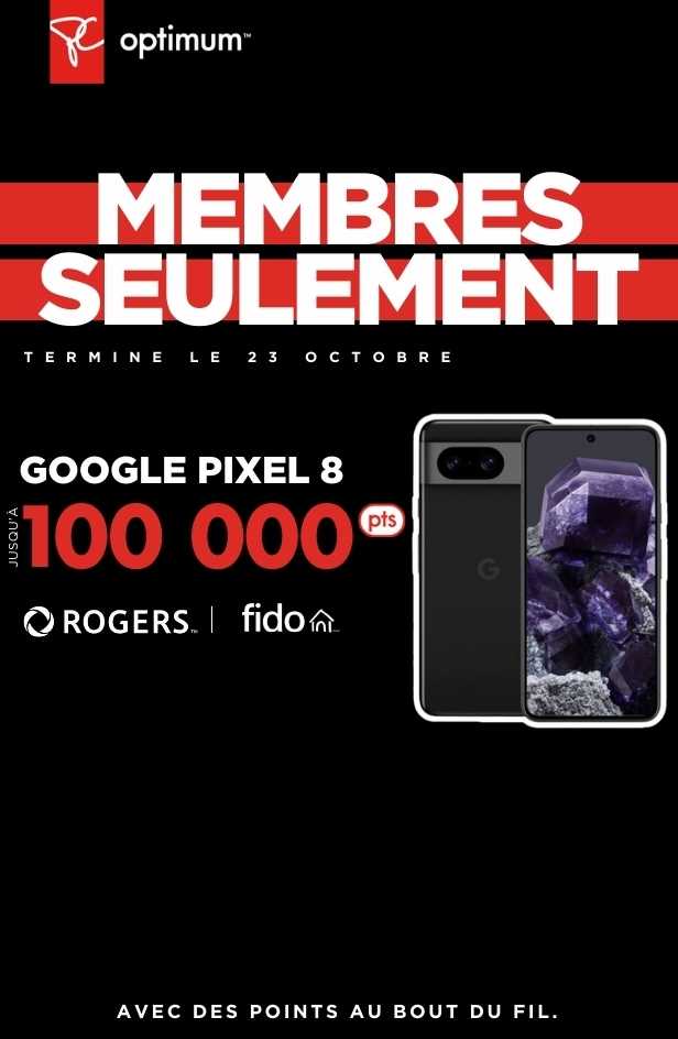 Gagnez 100 000 points PC Optimum™ bonus sur un Google Pixel 8 avec une nouvelle activation ou mise à niveau de 2 ans sur certains forfaits Rogers ou Fido.