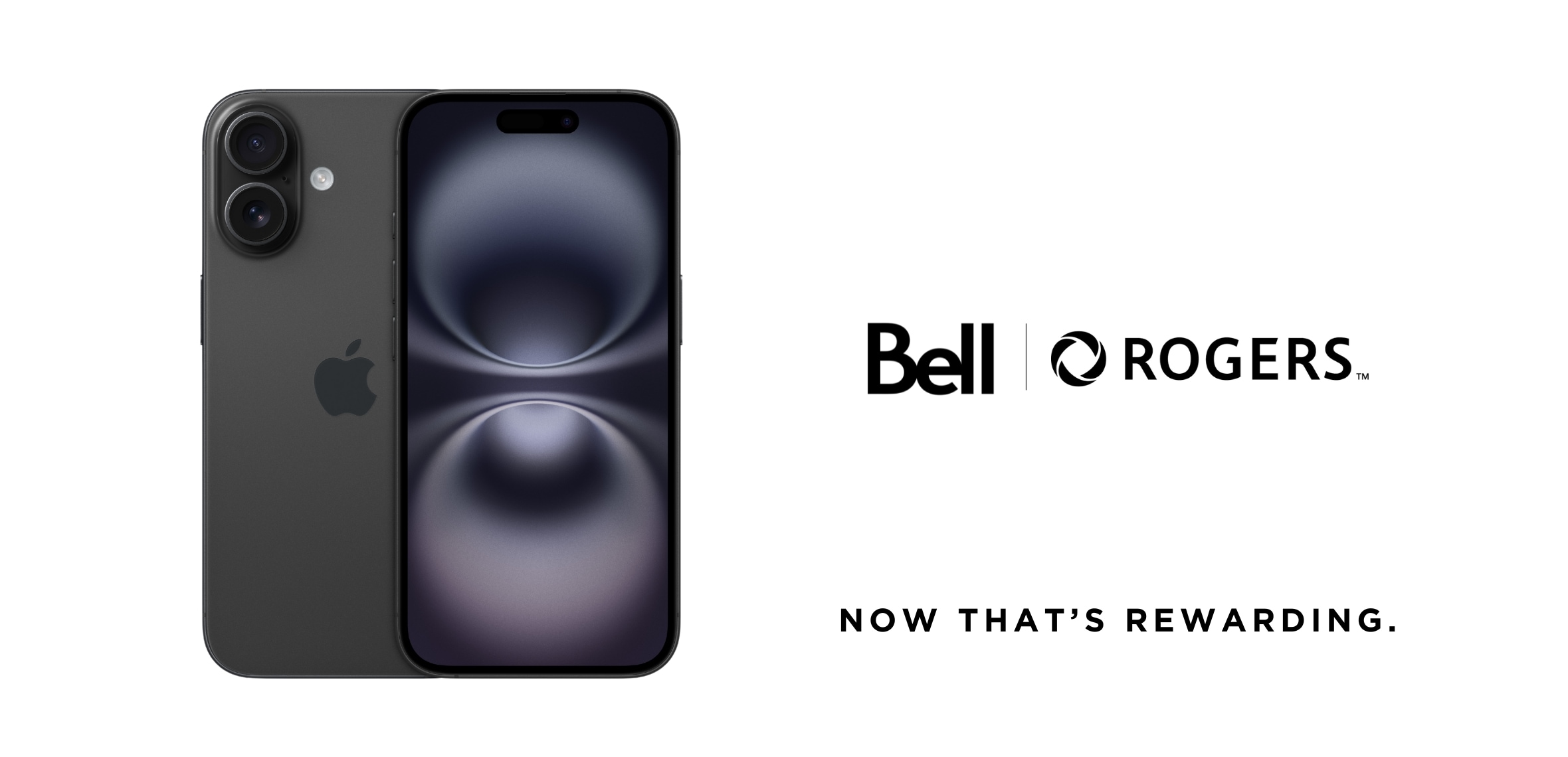 A black iPhone 16 with Bell, Rogers logo against a white background