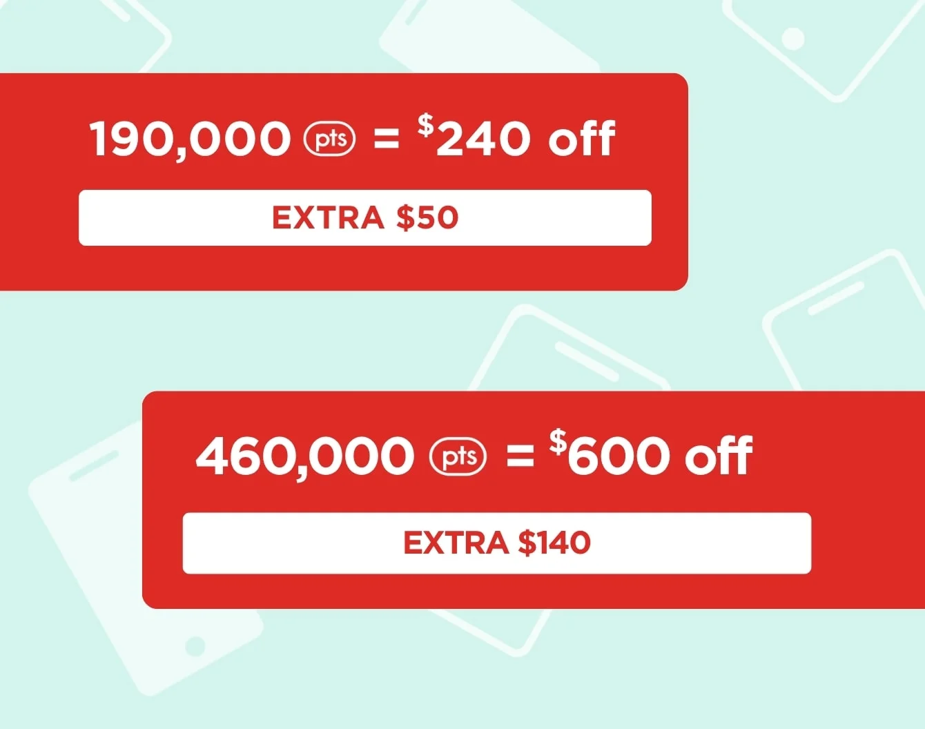 Two red rectangles display bonus points values ($190=$240 and $460=$600) for the bonus redemption event against a light green background.