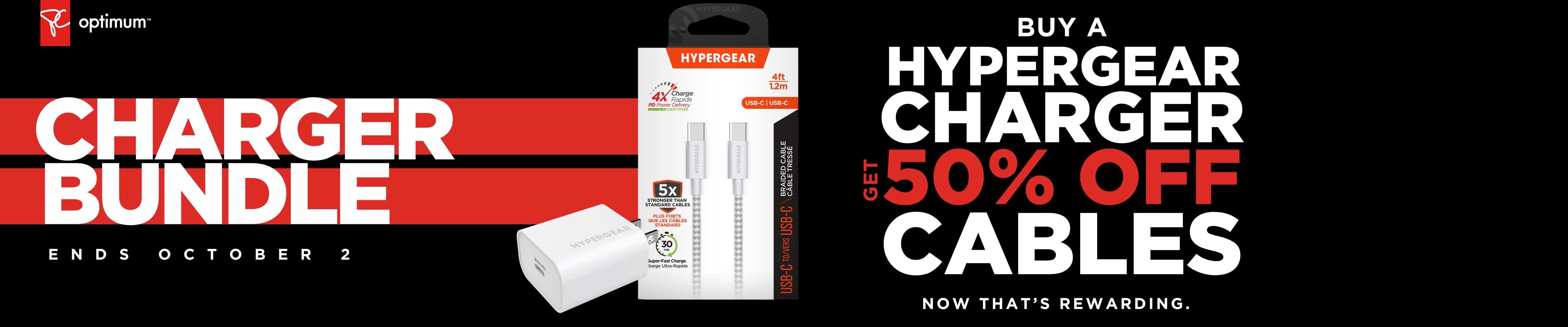 Purchase one Hypergear charging block at regular price and receive 50% off the regular price of a Hypergear charging cable in the same transaction.