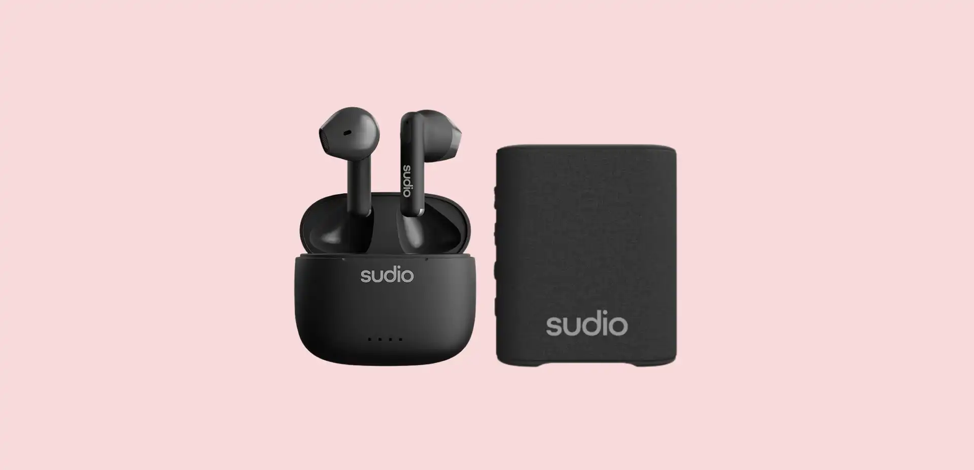 Black Sudio headphones and speaker on a pink background.