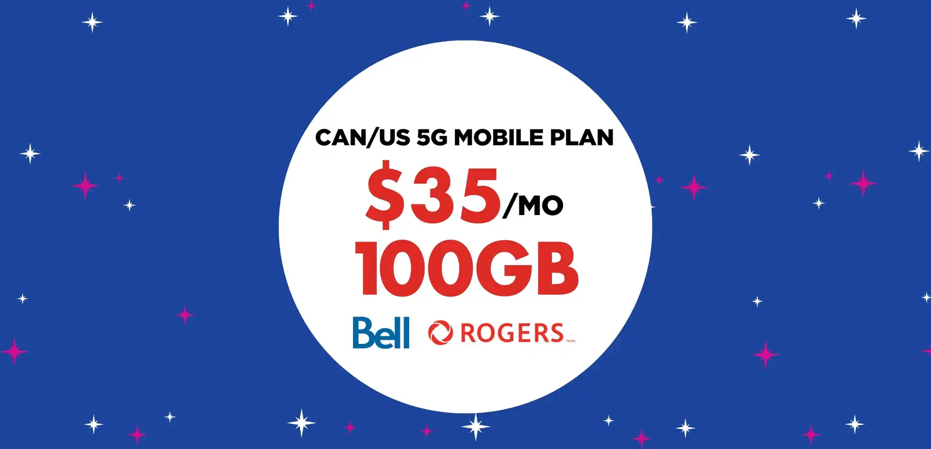 A white circle on a blue background with pink and blue sparkles. Inside the circle it says get 100 GB for $35 / month in big red letters