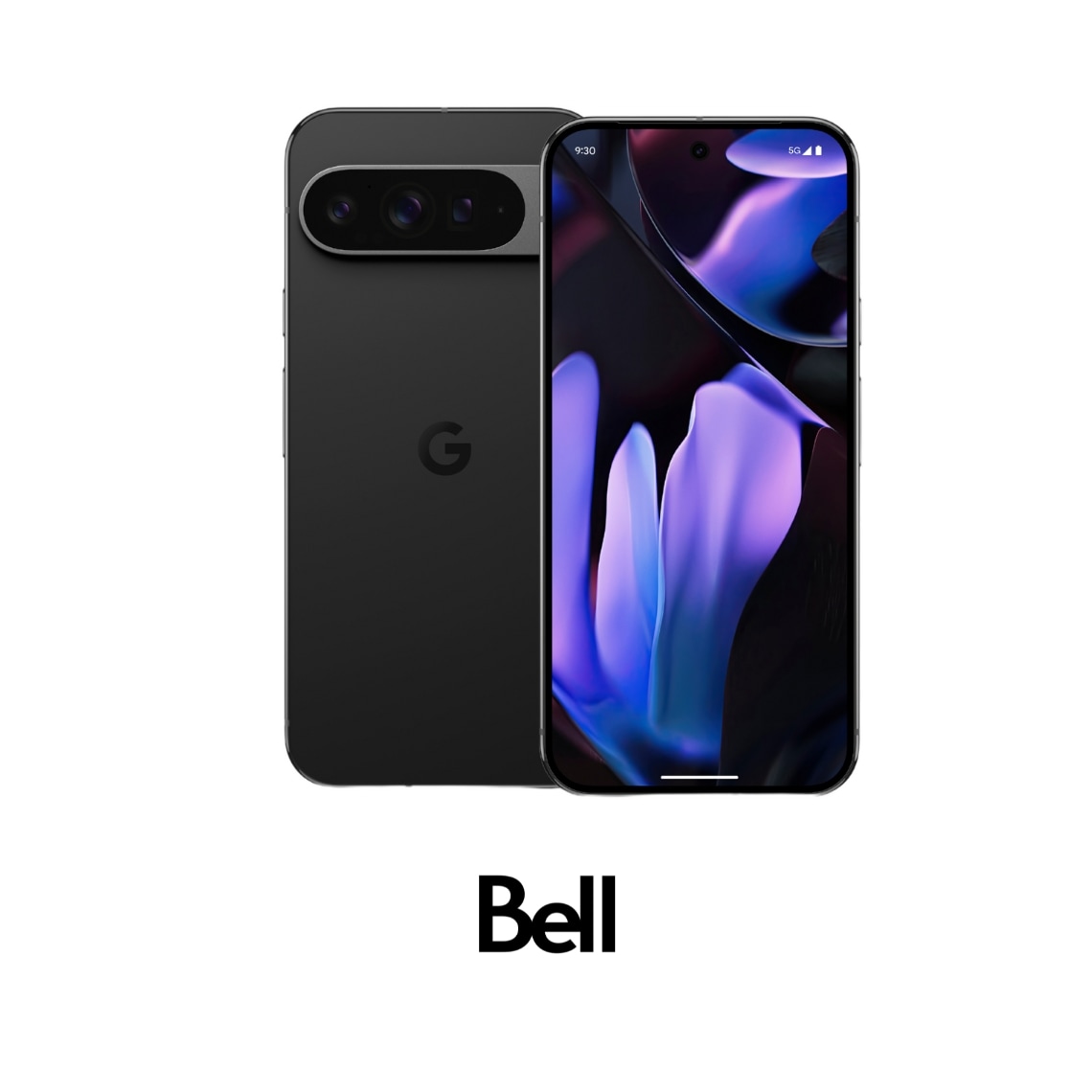 A Google Pixel 9 phone with Bell logos against a white background