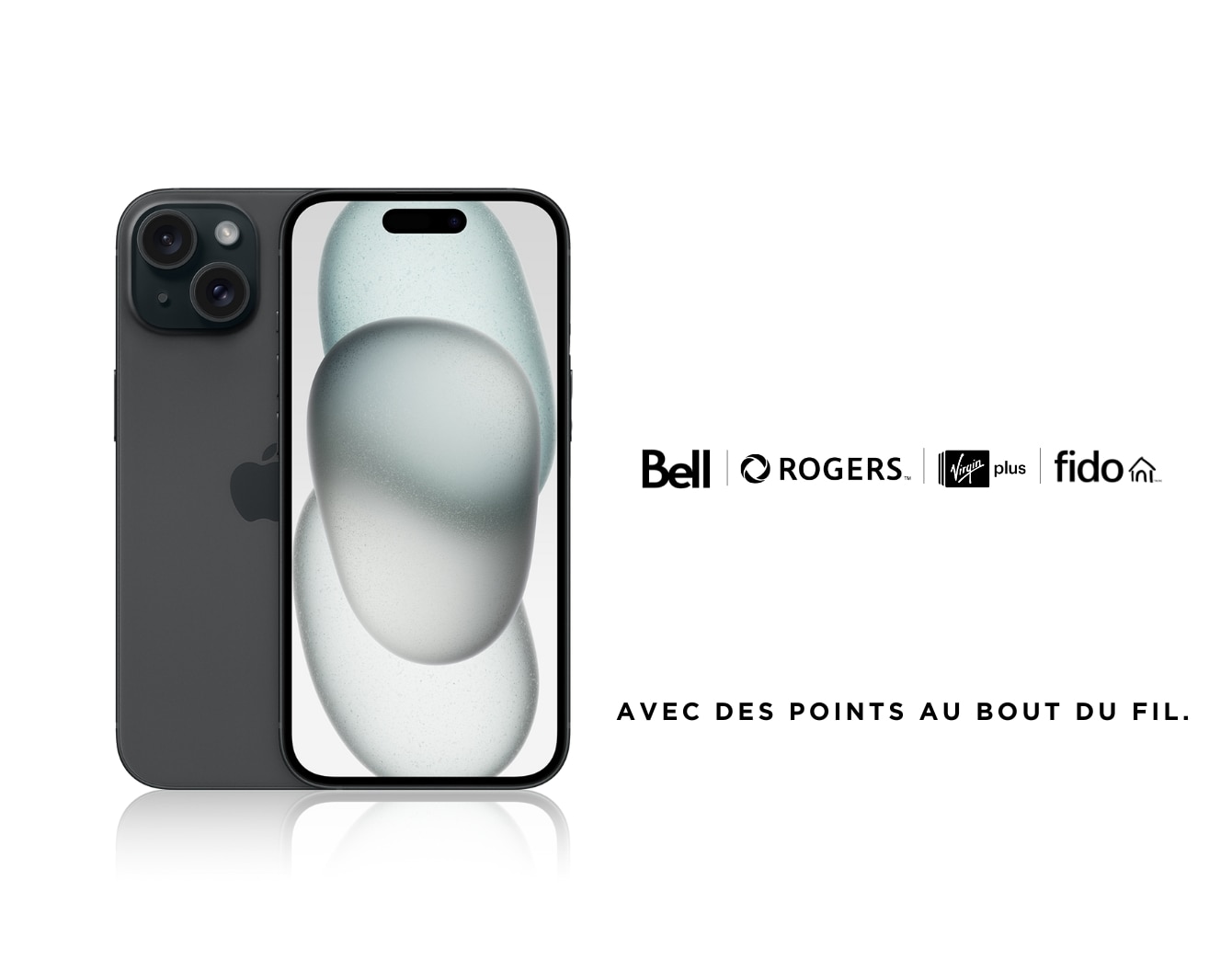 Un téléphone iPhone 15 noir avec le logo Rogers, Fido, Virgin Plus et Bell sur fond blanc