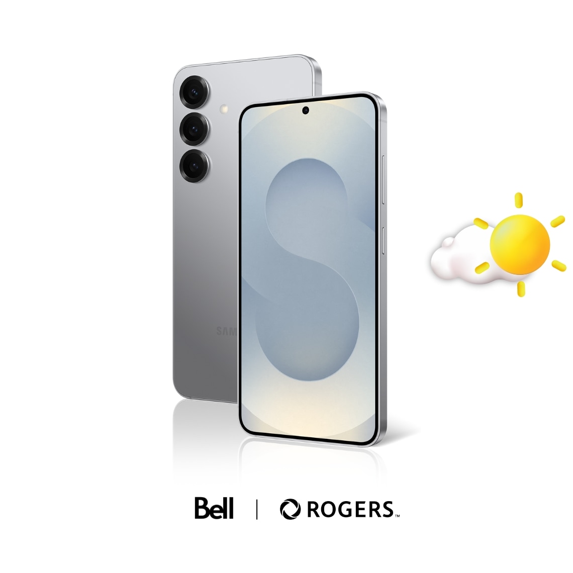 A silver Galaxy S25 with Bell and Rogers logos against a white background