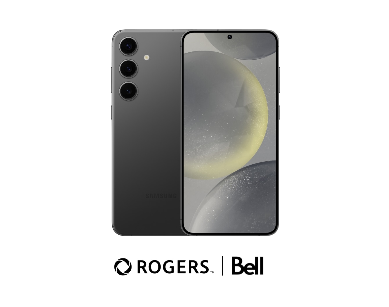 A silver Samsung S24 phone with Rogers and Bell logos against a white background