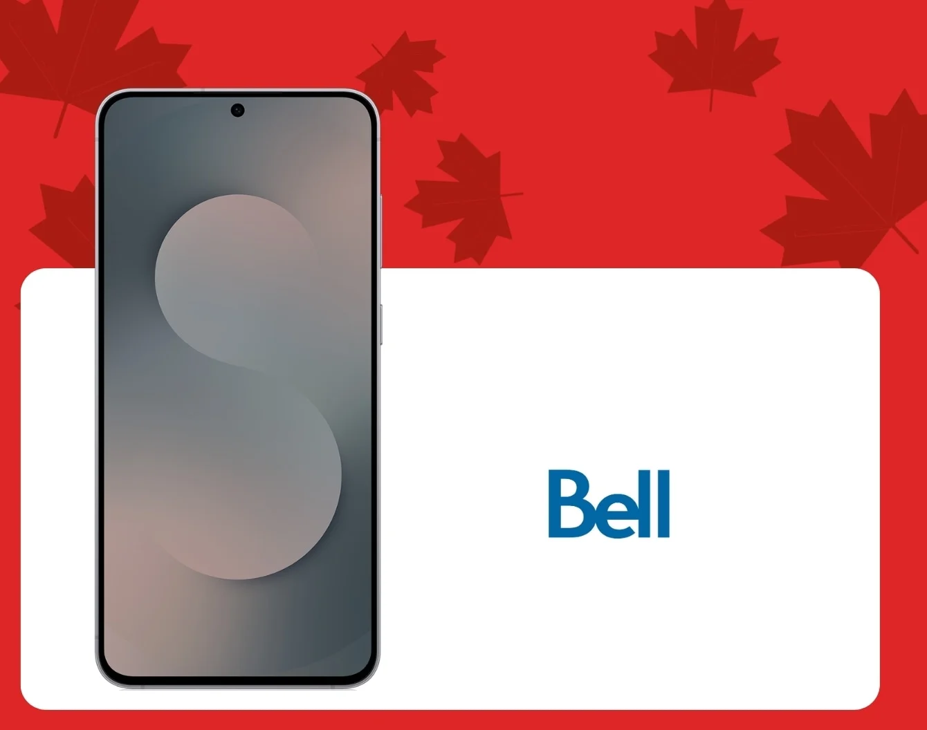A silver Galaxy S25 FE front facing device next to a Bell logo inside a white container against a red background covered in dark red maple leaves.