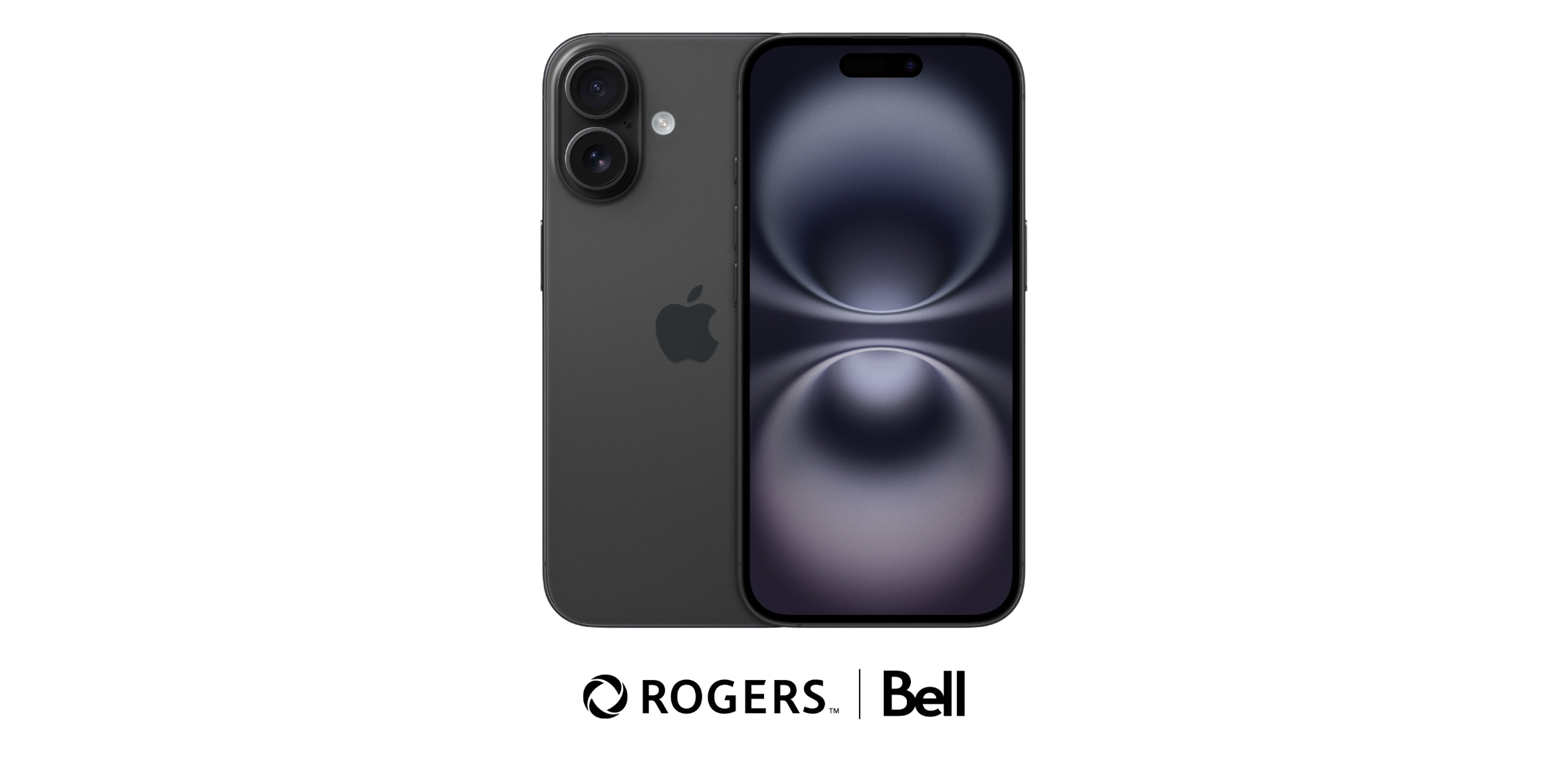 A black iPhone 16 with Rogers/Bel logo against a white background