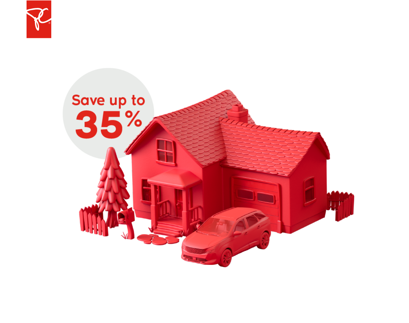 A red house and car against a purple background with a white bubble that reads "save 35%" in red text