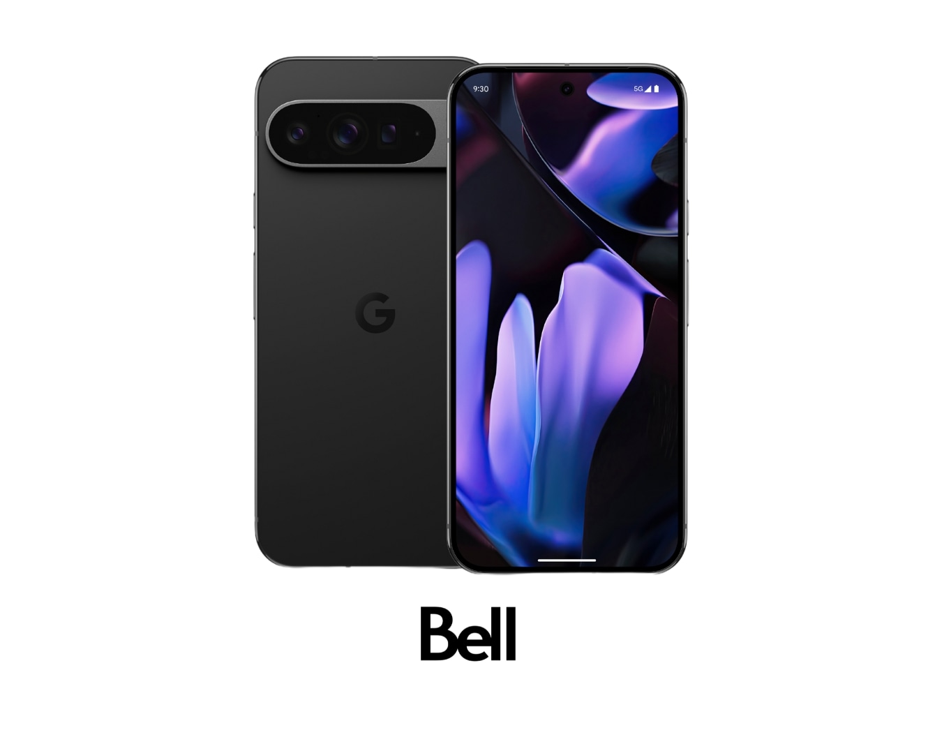 A Google Pixel 9 phone with Bell logos against a white background