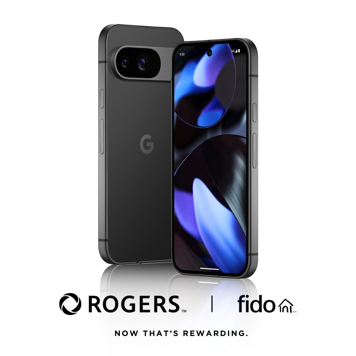 A black Pixel 9 with Rogers and Fido logos against a white background