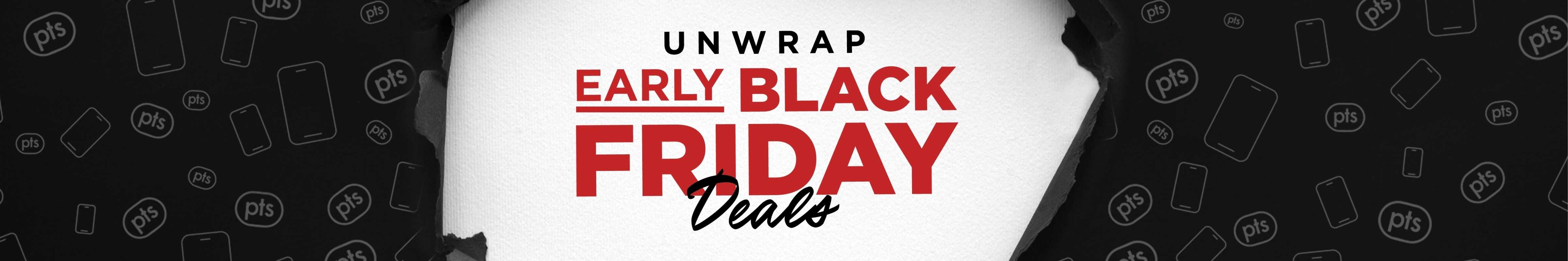 Black wrapping paper with a large tear and the words "UNWRAP EARLY BLACK FRIDAY DEALS" inside of the tear.