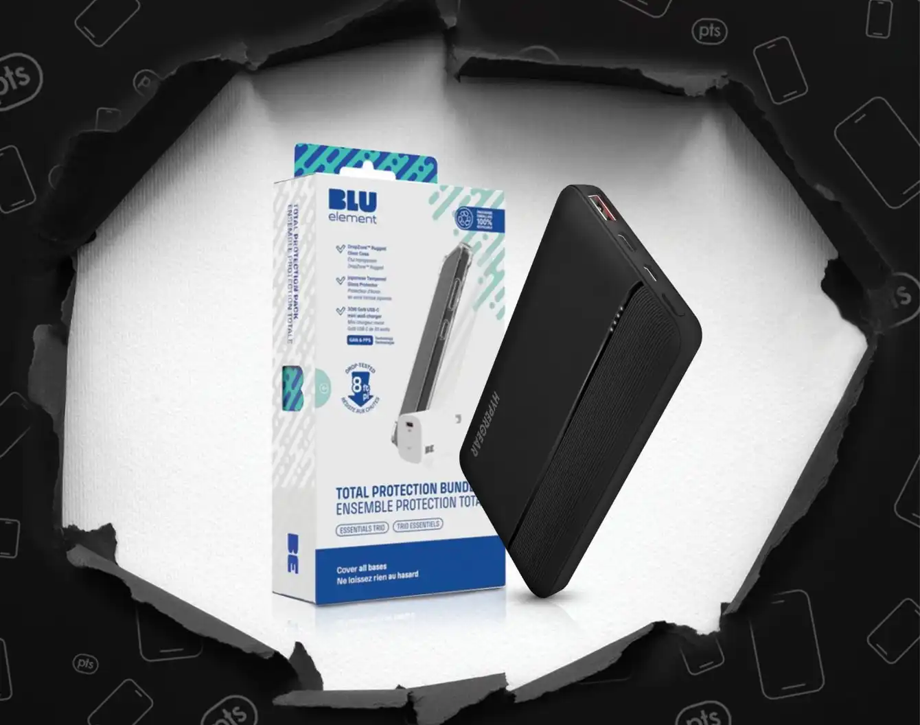 Black wrapping paper opens to reveal a Blu Element case bundle and a white Hypergear wall charger.