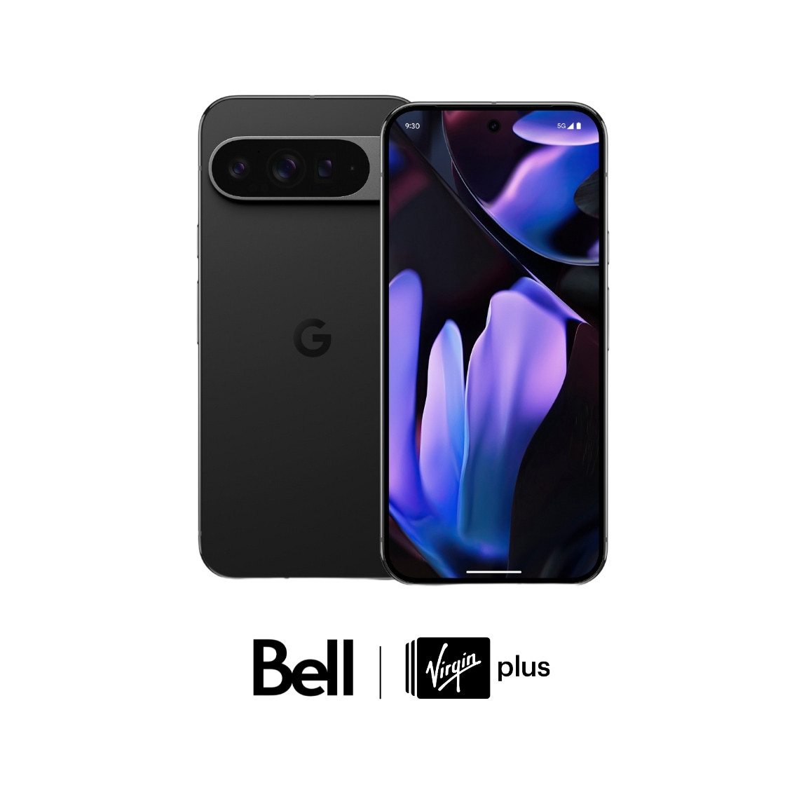 A Google Pixel 9 phone with Bell and Virgin Plus logos against a white background