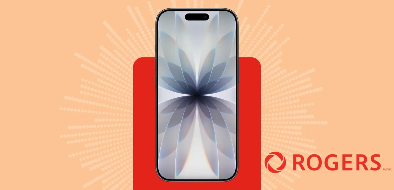 A black iPhone Air front facing device against an orange background covered in yellow fireworks next to Rogers logo.