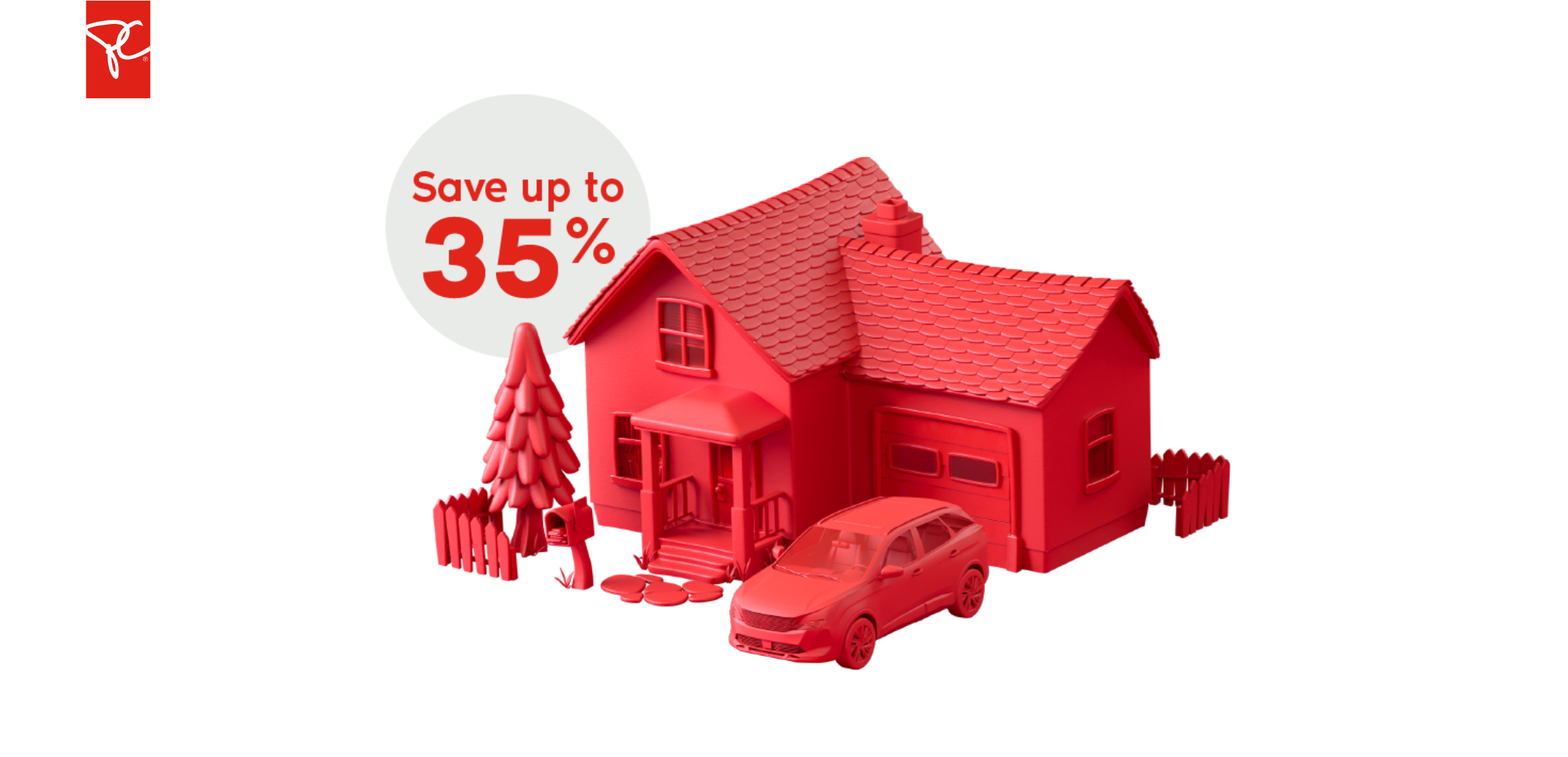 A red house and car against a purple background with a white bubble that reads "save 35%" in red text