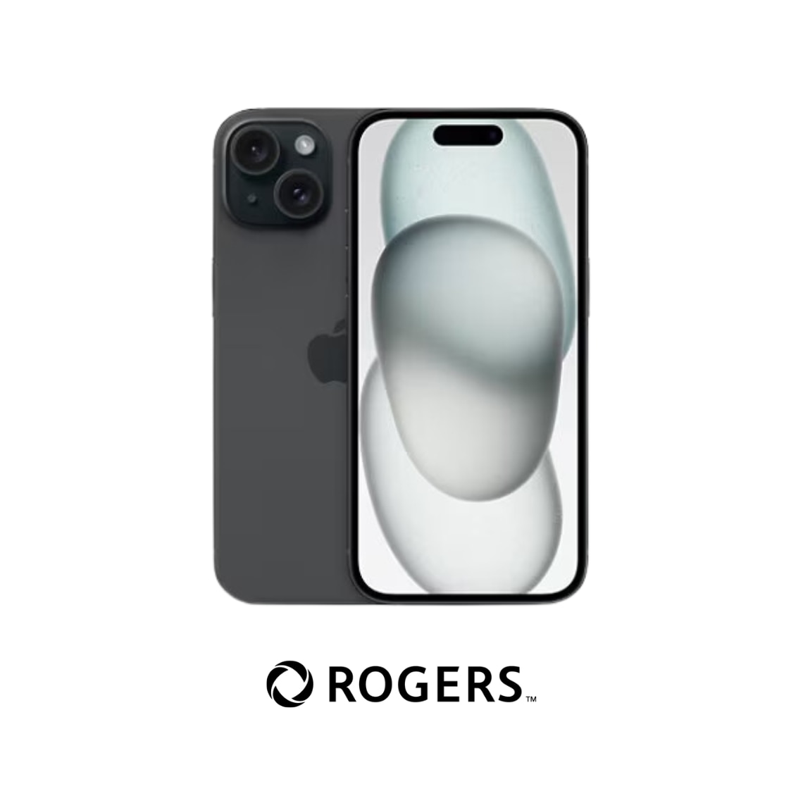 A black iPhone 15 with Rogers logo against a white background