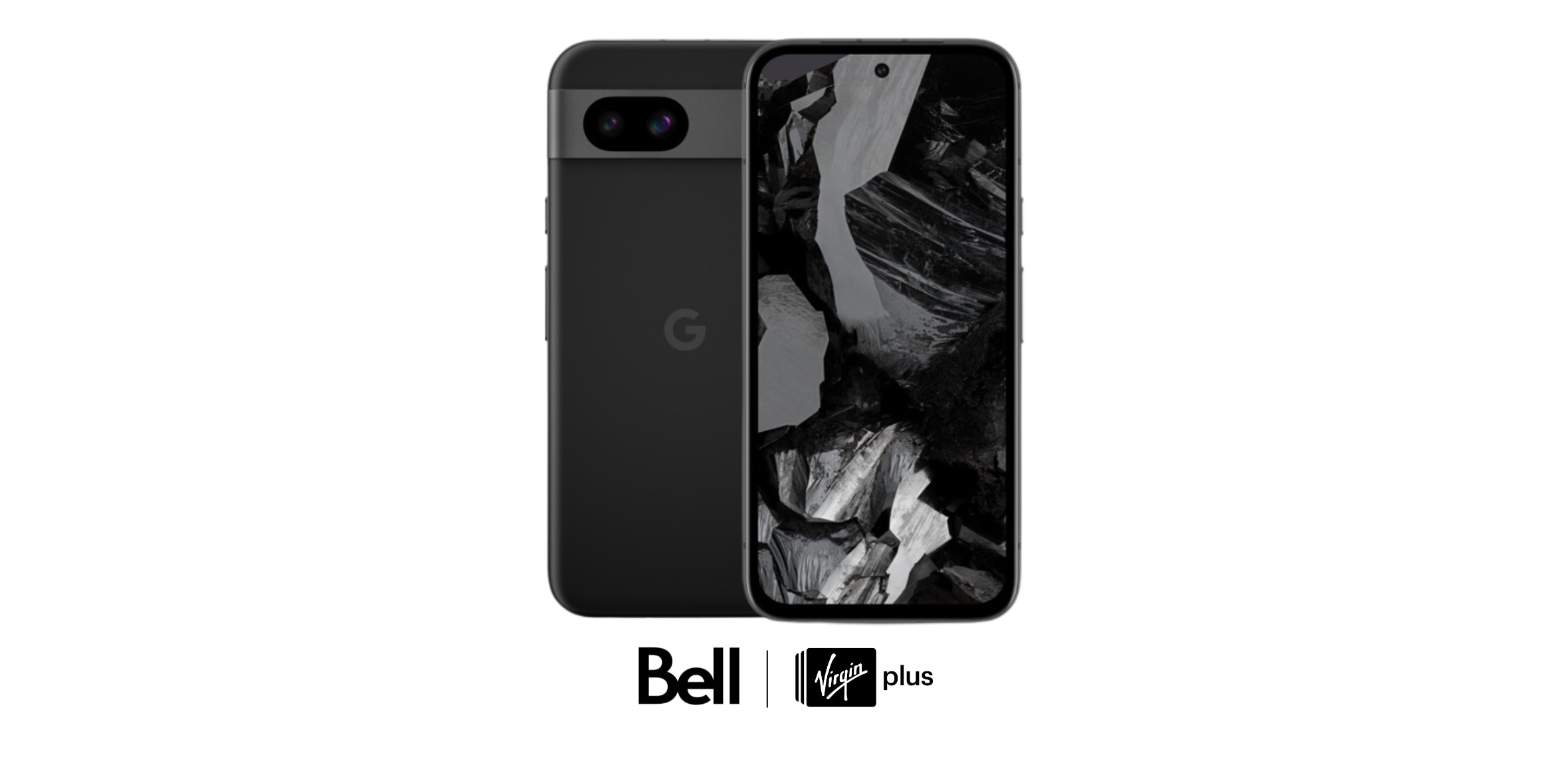 A Google Pixel 8a phone with Bell and Virgin Plus logos against a white background