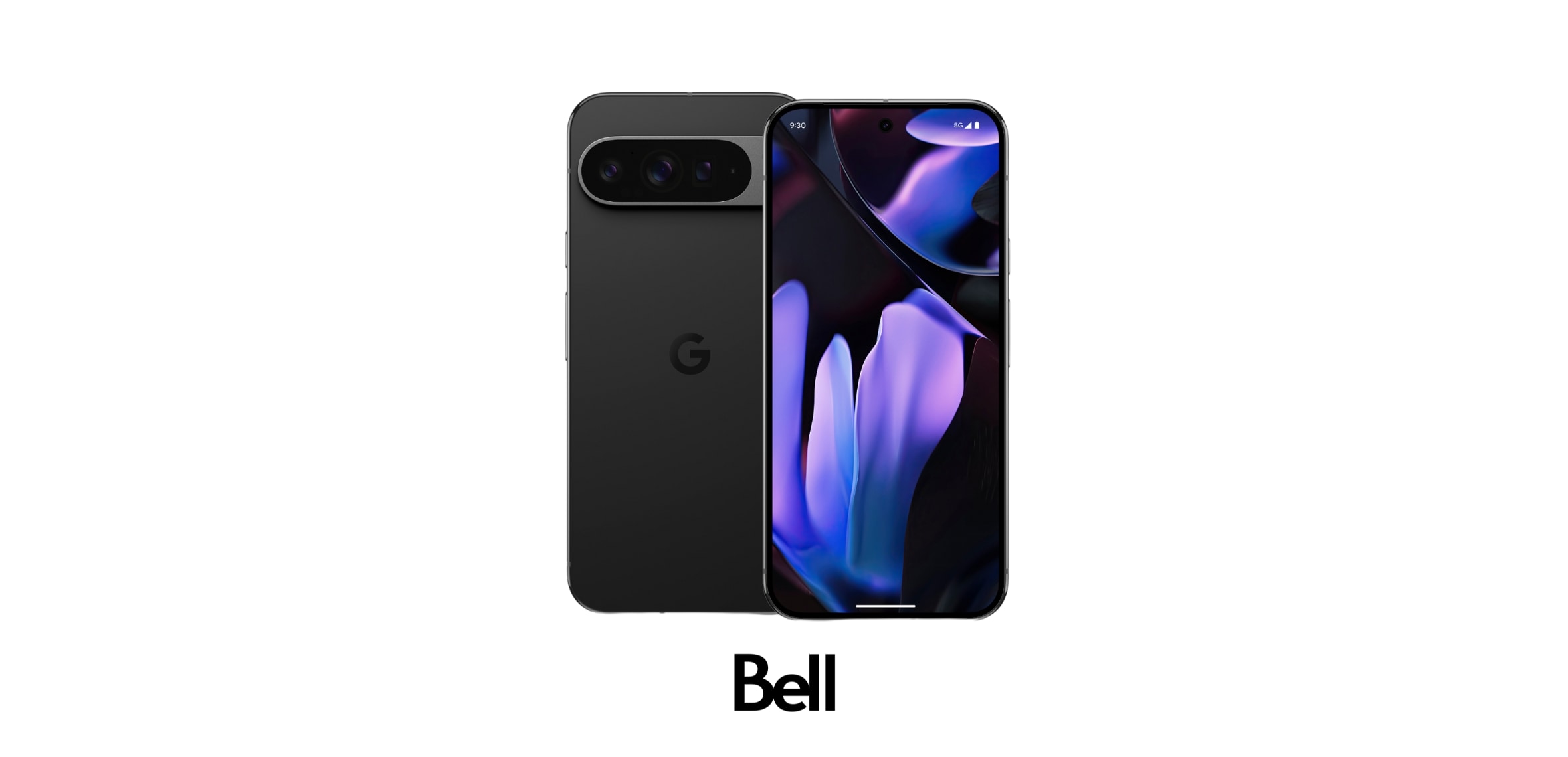 A Google Pixel 9 phone with Bell logos against a white background