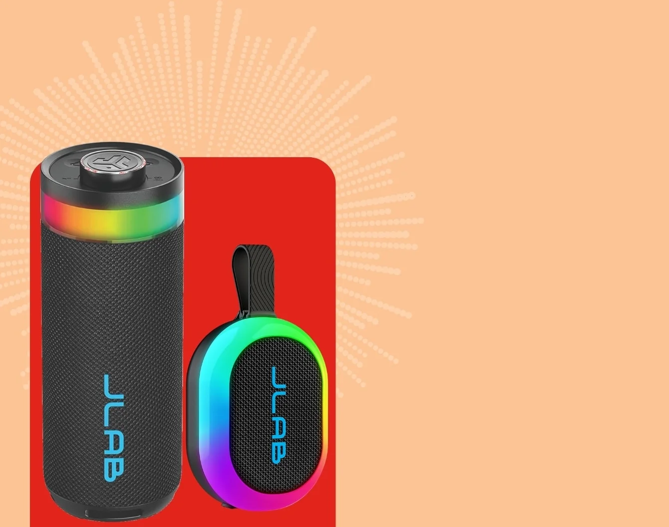 Black Jlab speakers against an orange background covered in yellow fireworks