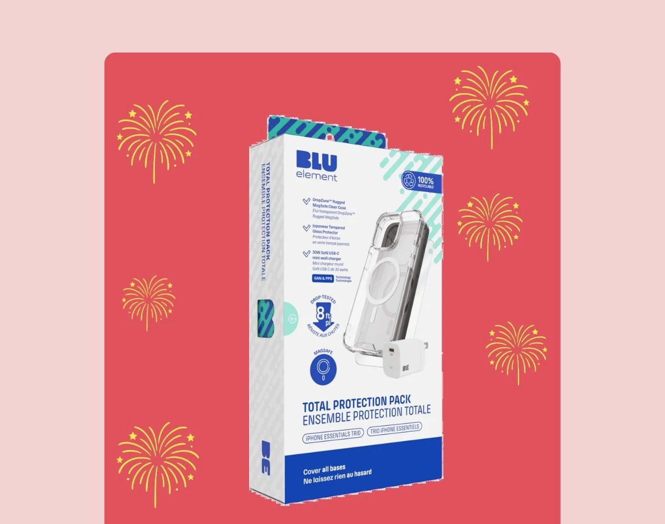 Small gold fireworks burst around a Blu Element case 7 screen protector in white box on a medium pink rectangle against a light pink background.
