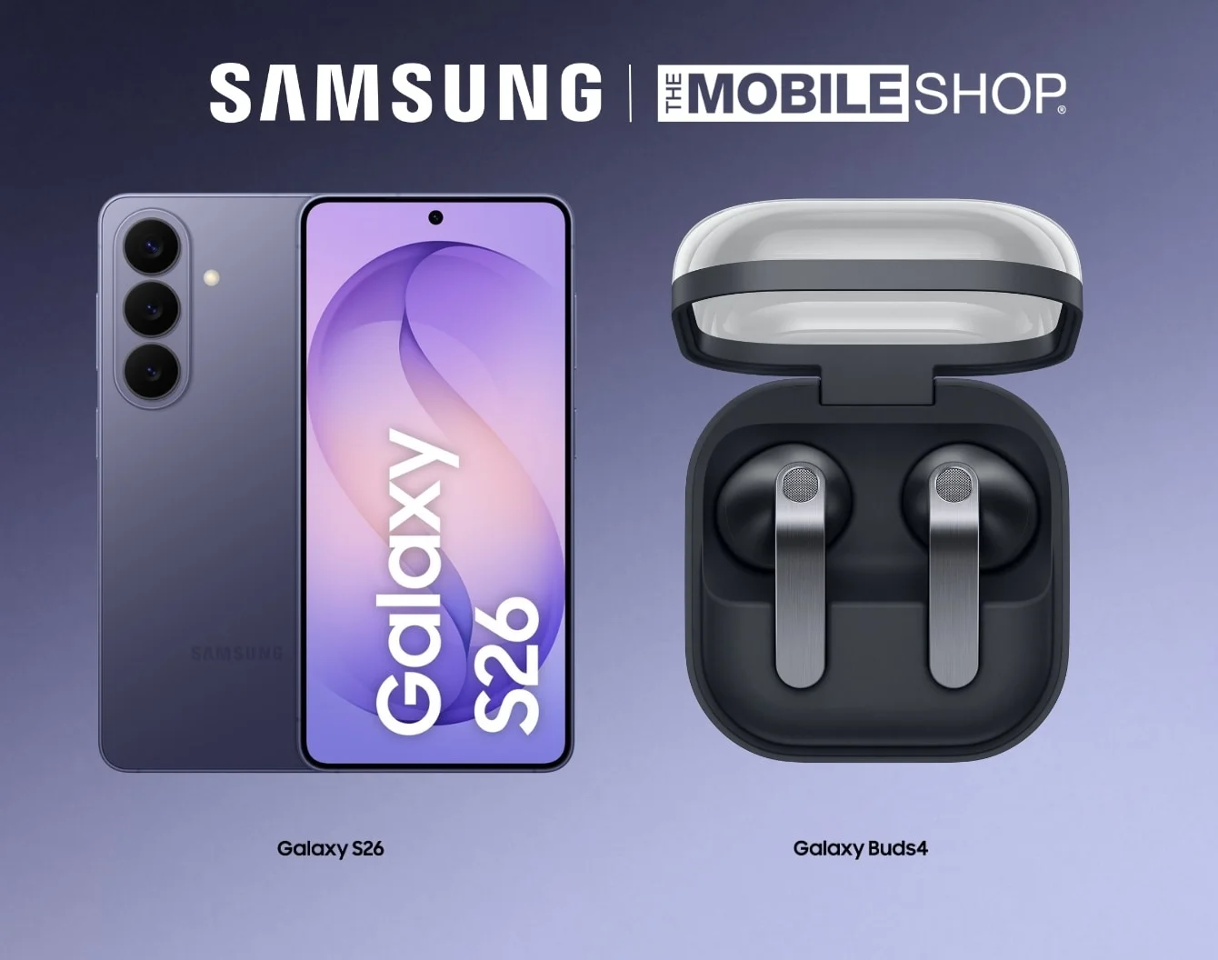 A purple Galaxy S26 phone and Black Galaxy Buds 4 are next to white Samsung logo on deep blue gradient background
