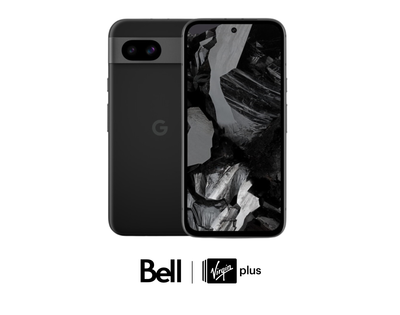 A Google Pixel 8a phone with Bell and Virgin Plus logos against a white background