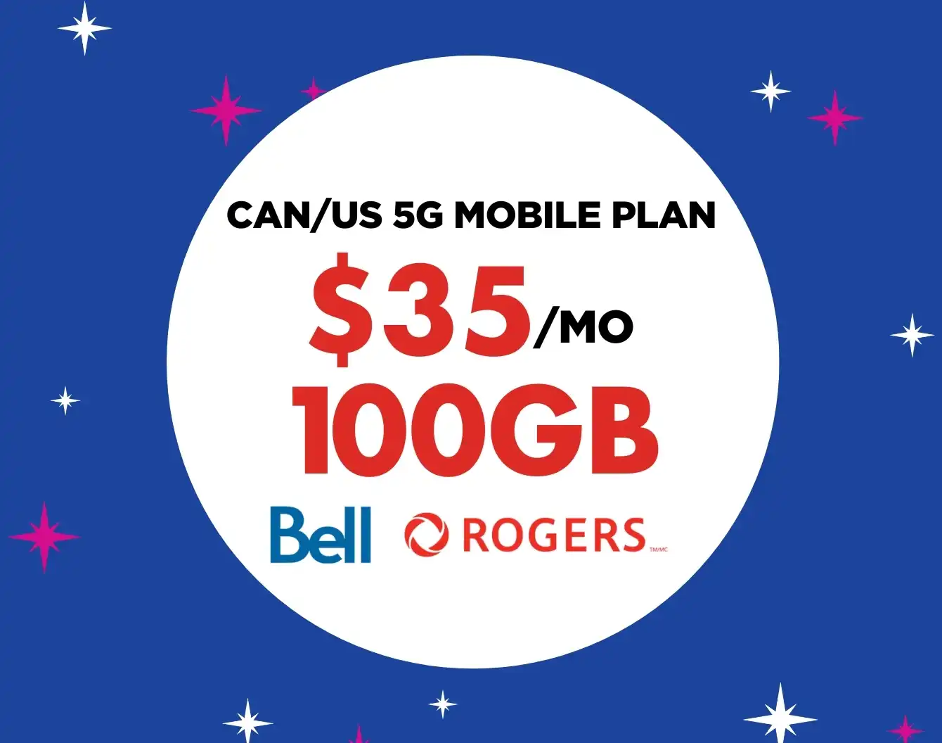A white circle on a blue background with pink and blue sparkles. Inside the circle it says get 100 GB for $35 / month in big red letters