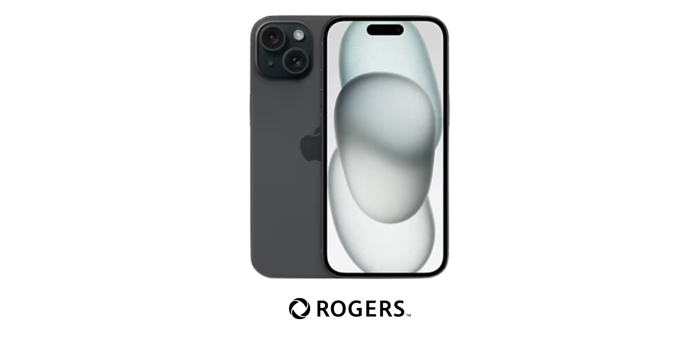 A black iPhone 15 with Rogers logo against a white background