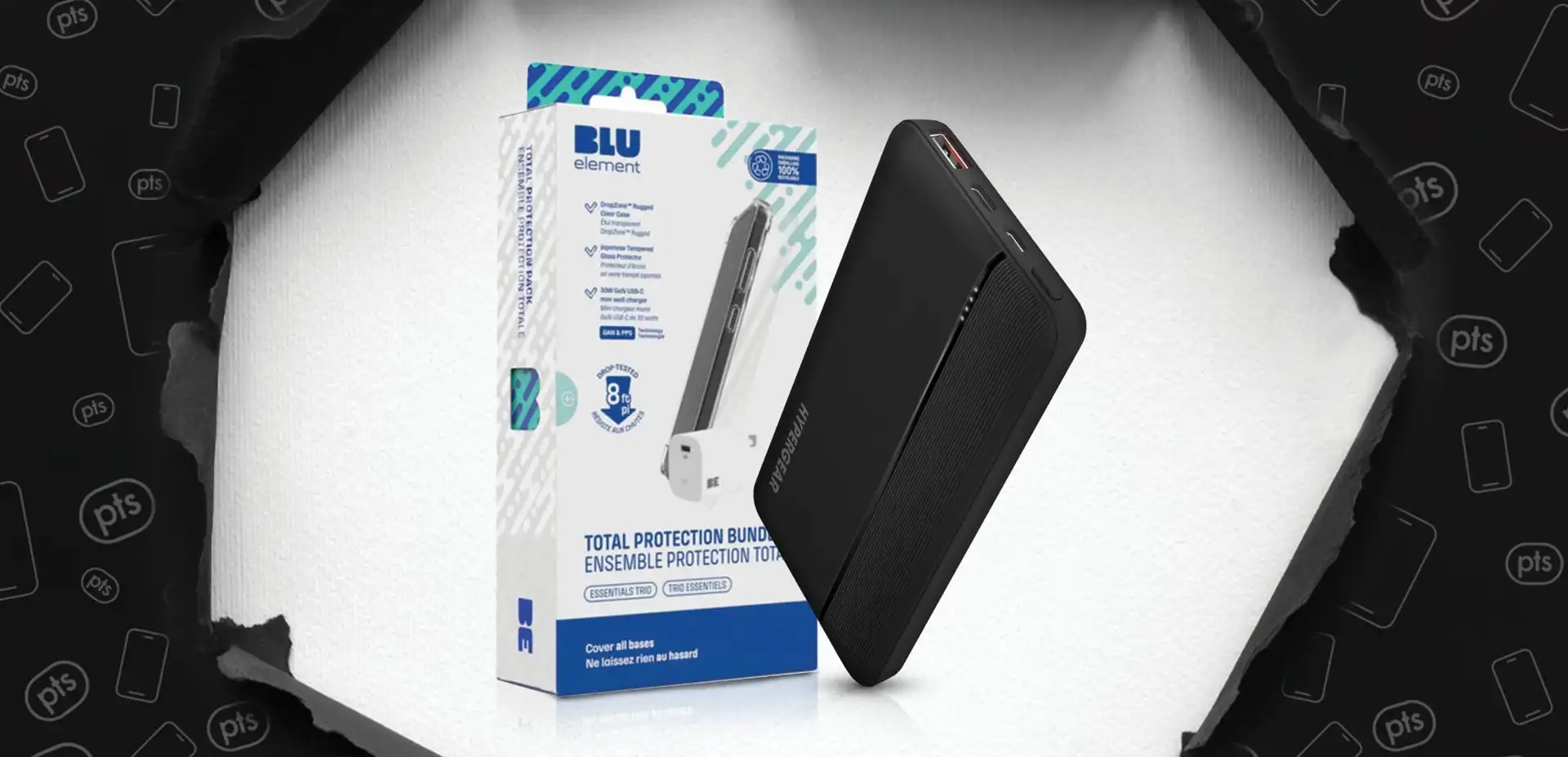 Black wrapping paper opens to reveal a Blu Element case bundle and a white Hypergear wall charger.