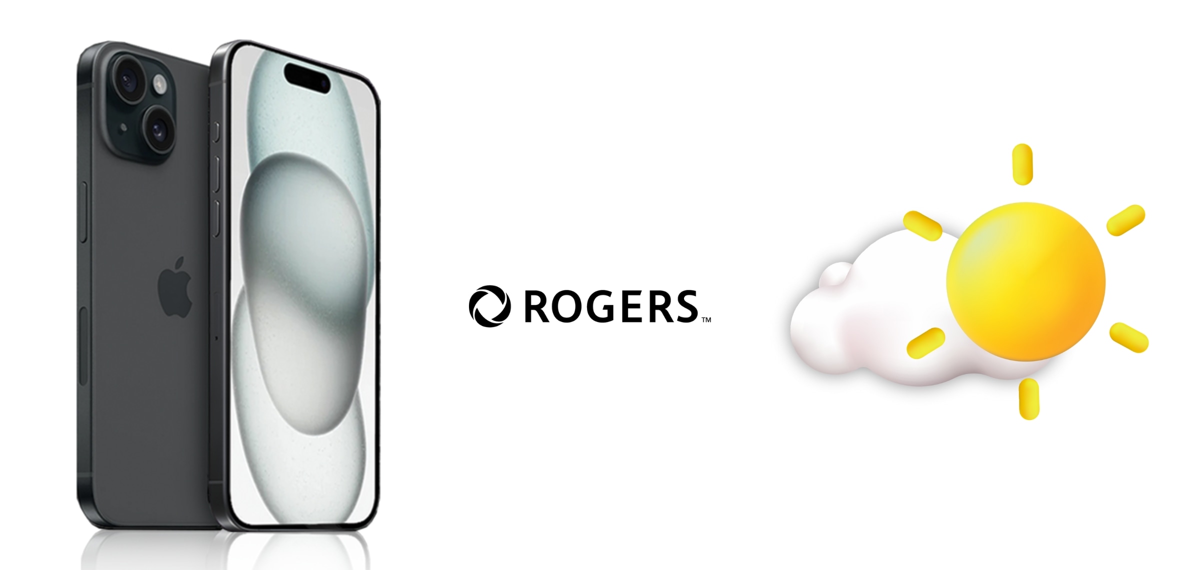 Un iPhone 15 argenté avec le logo Rogers sur fond blanc