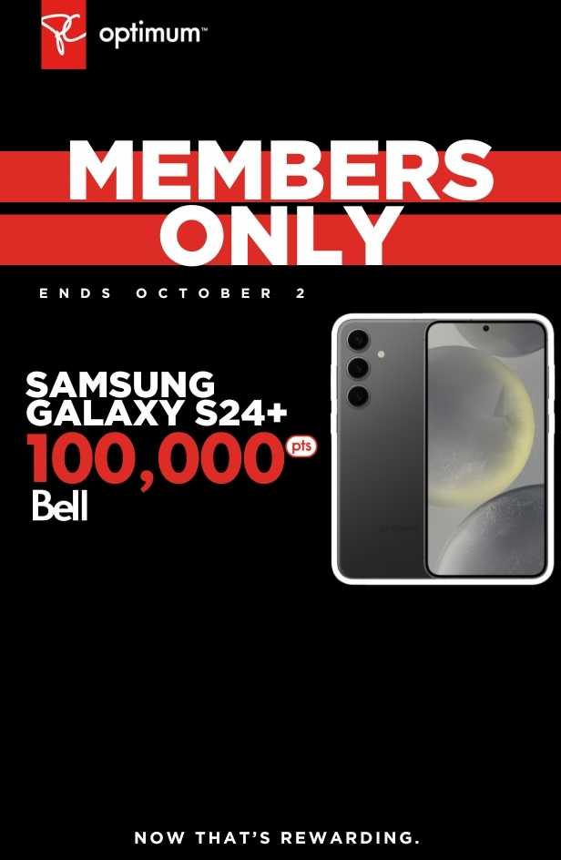 Offer valid until October 2nd, 2024. Earn 100,000 bonus PC Optimum™ points on the Samsung Galaxy S24+ on a new 2-year activation or upgrade on select Bell plans.