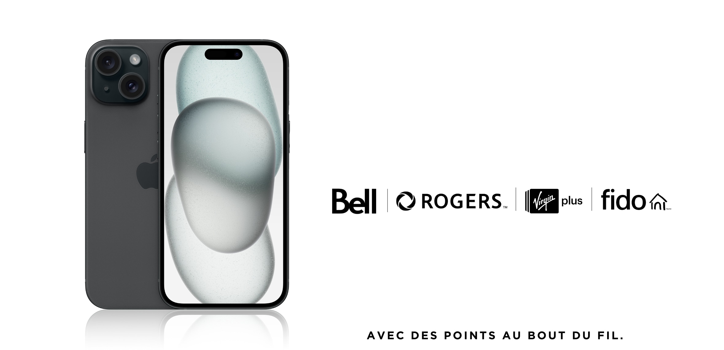 Un téléphone iPhone 15 noir avec le logo Rogers, Fido, Virgin Plus et Bell sur fond blanc