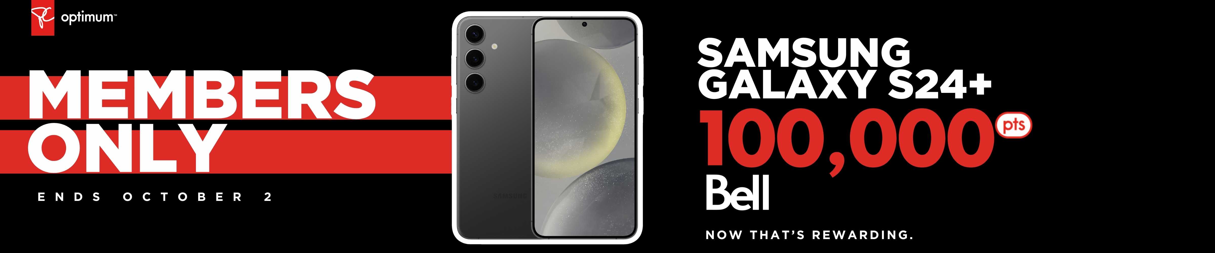 Offer valid until October 2nd, 2024. Earn 100,000 bonus PC Optimum™ points on the Samsung Galaxy S24+ on a new 2-year activation or upgrade on select Bell plans.