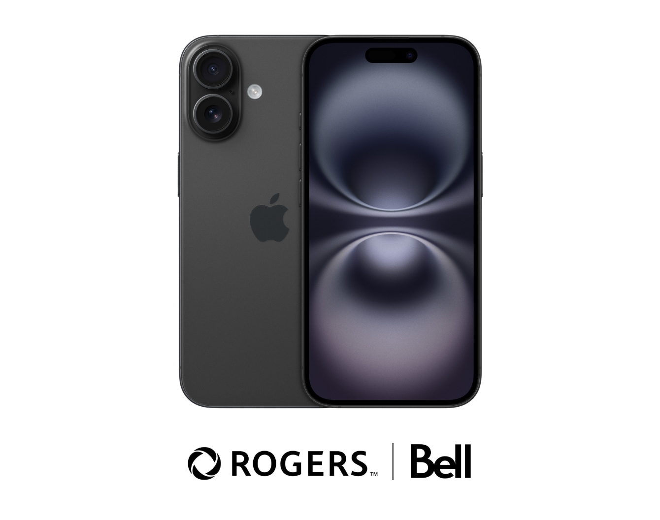 A black iPhone 16 with Rogers/Bel logo against a white background