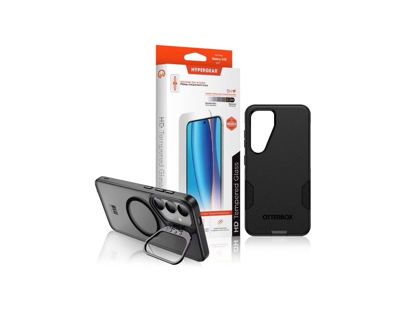 Blue Galaxy S25 phone case and white hypergear box with screen protector on a white background.