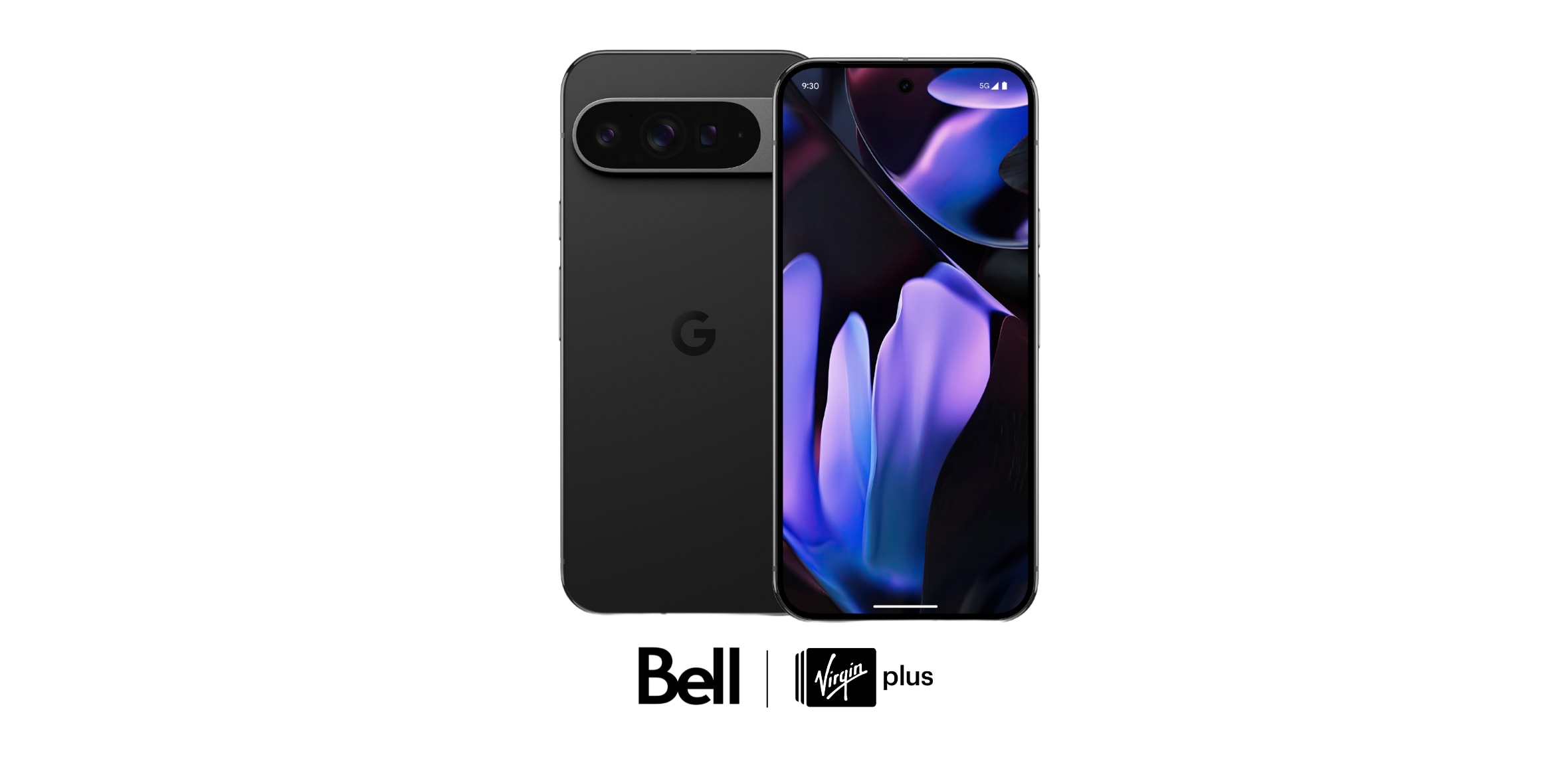 A Google Pixel 9 phone with Bell and Virgin Plus logos against a white background