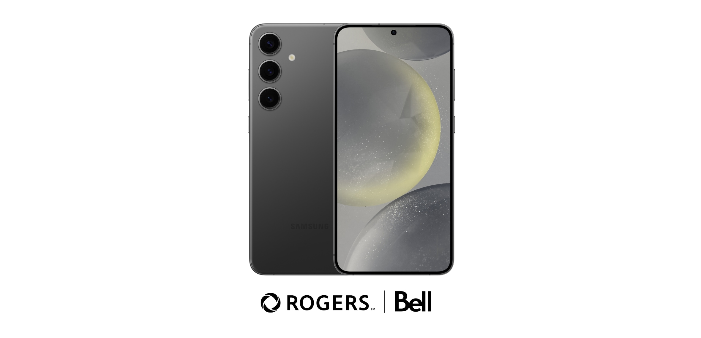 A silver Samsung S24 phone with Rogers and Bell logos against a white background