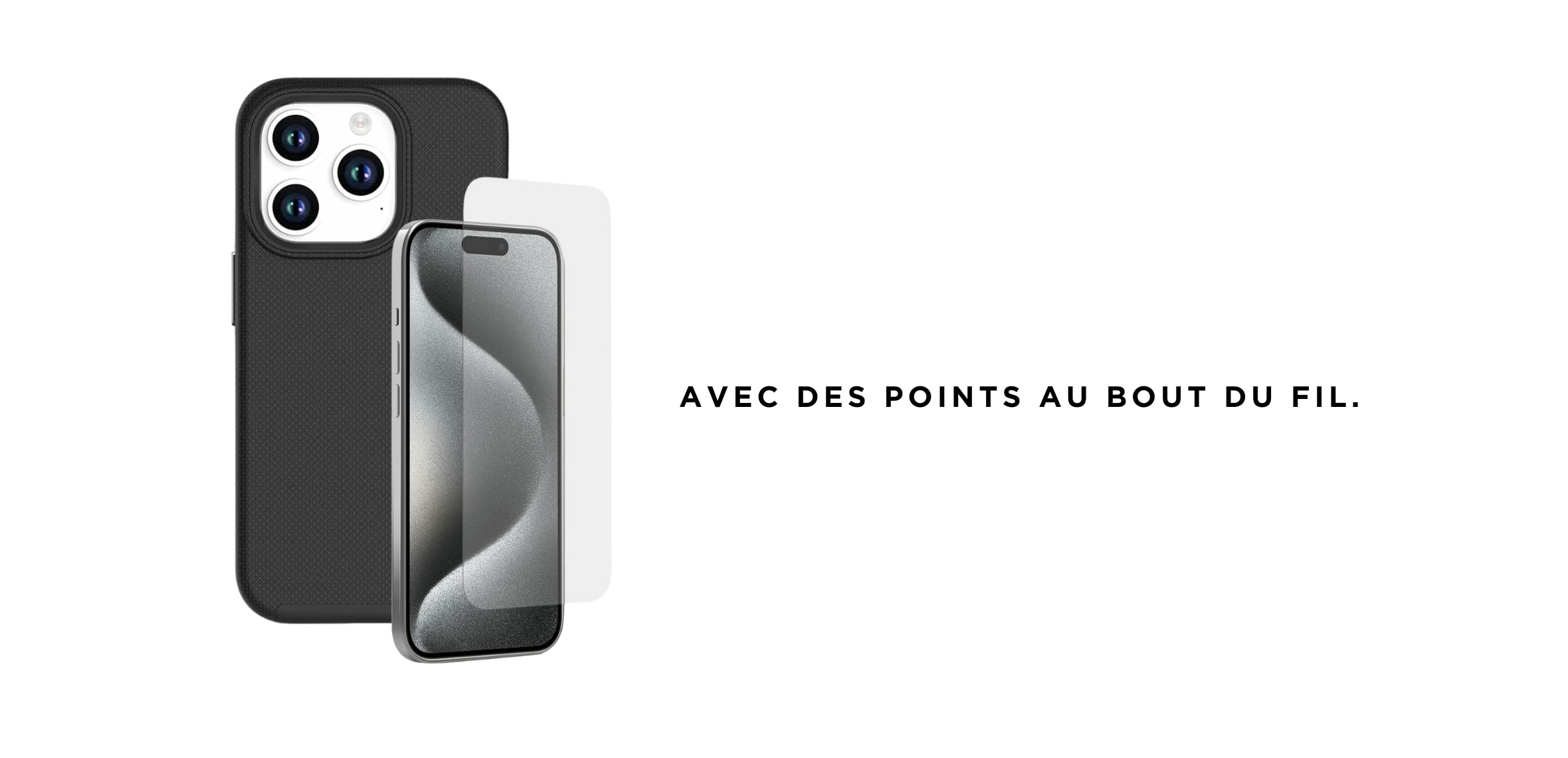 Un iPhone noir avec un protecteur d’écran transparent et un étui de téléphone noir.