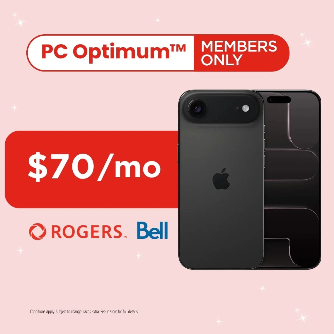 The front of a black iPhone Air against a pink background beneath a red badge that reads "PC Optimum Members Only"