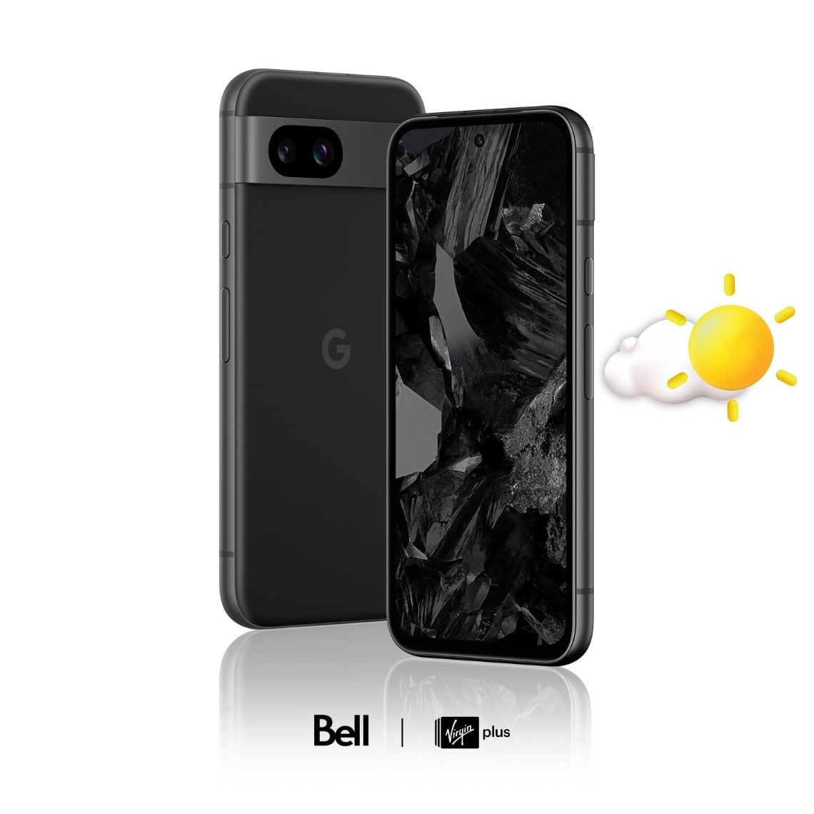 Un Pixel 8a noir avec logo Bell et Virgin Plus sur fond blanc