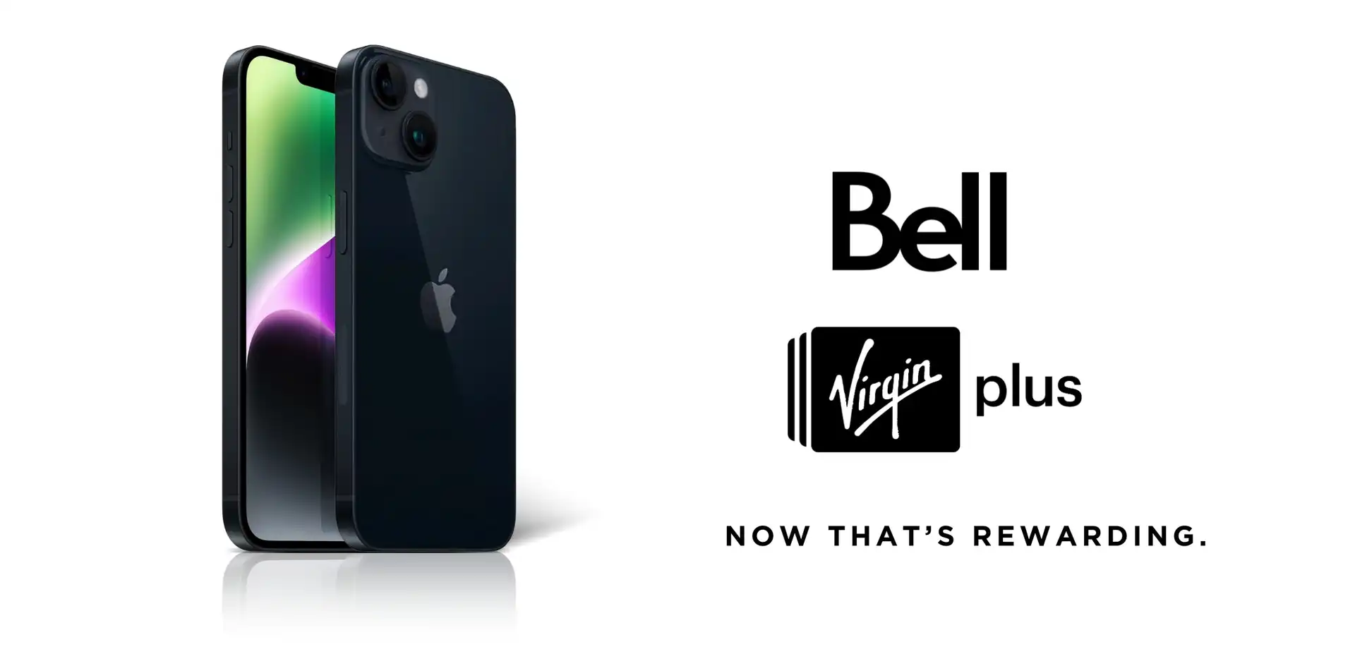 A black iPhone 13 with Bell and Virgin Plus logos against a white background