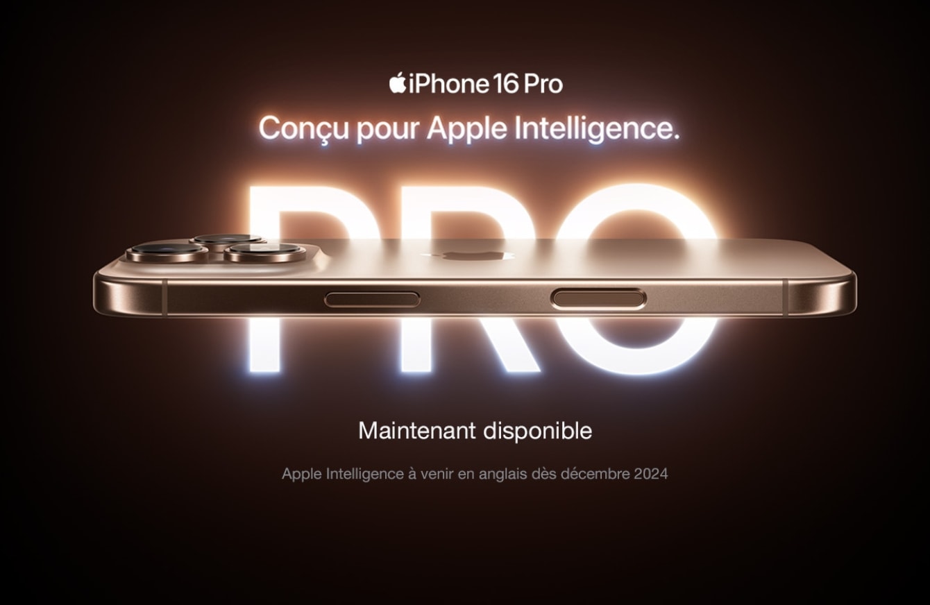 iPhone 16 Pro. Bonjour Apple Intelligence. Maintenant disponible. Apple Intelligence à venir en décembre 2024.