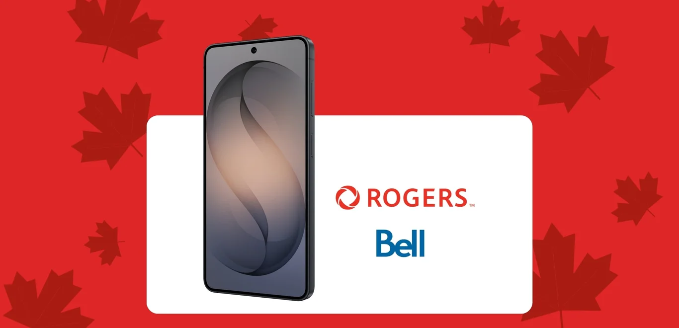 A silver Galaxy S26 front facing device next to a Bell logo inside a white container against a red background covered in dark red maple leaves.