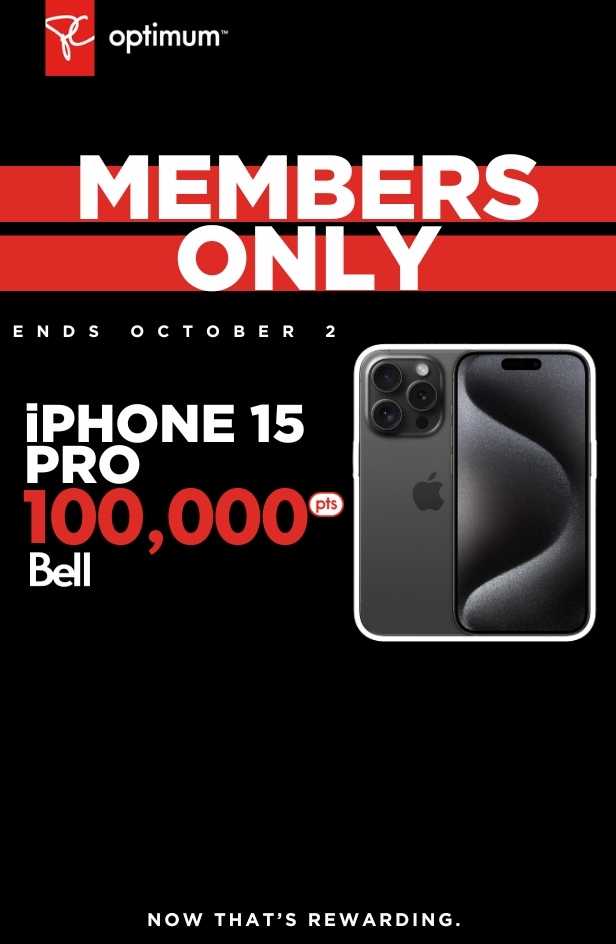 Offer valid until October 2nd, 2024. Earn 100,000 bonus PC Optimum™ points on an iPhone 15 Pro with a new 2-year activation or upgrade on select Bell plans.