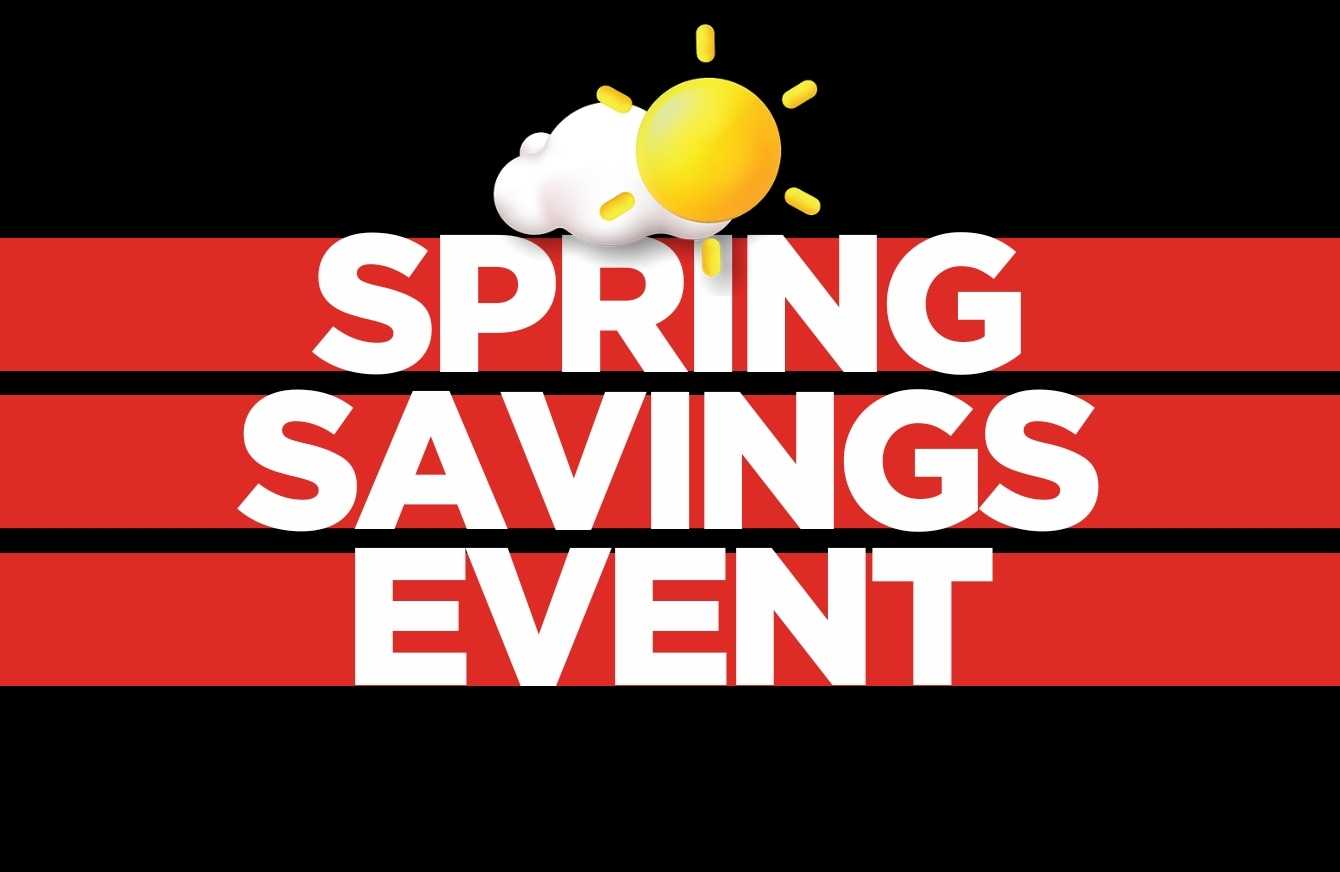 "Spring Savings Event" in white capital letters on a Black background with PC Optimum logo and a sun and clouds