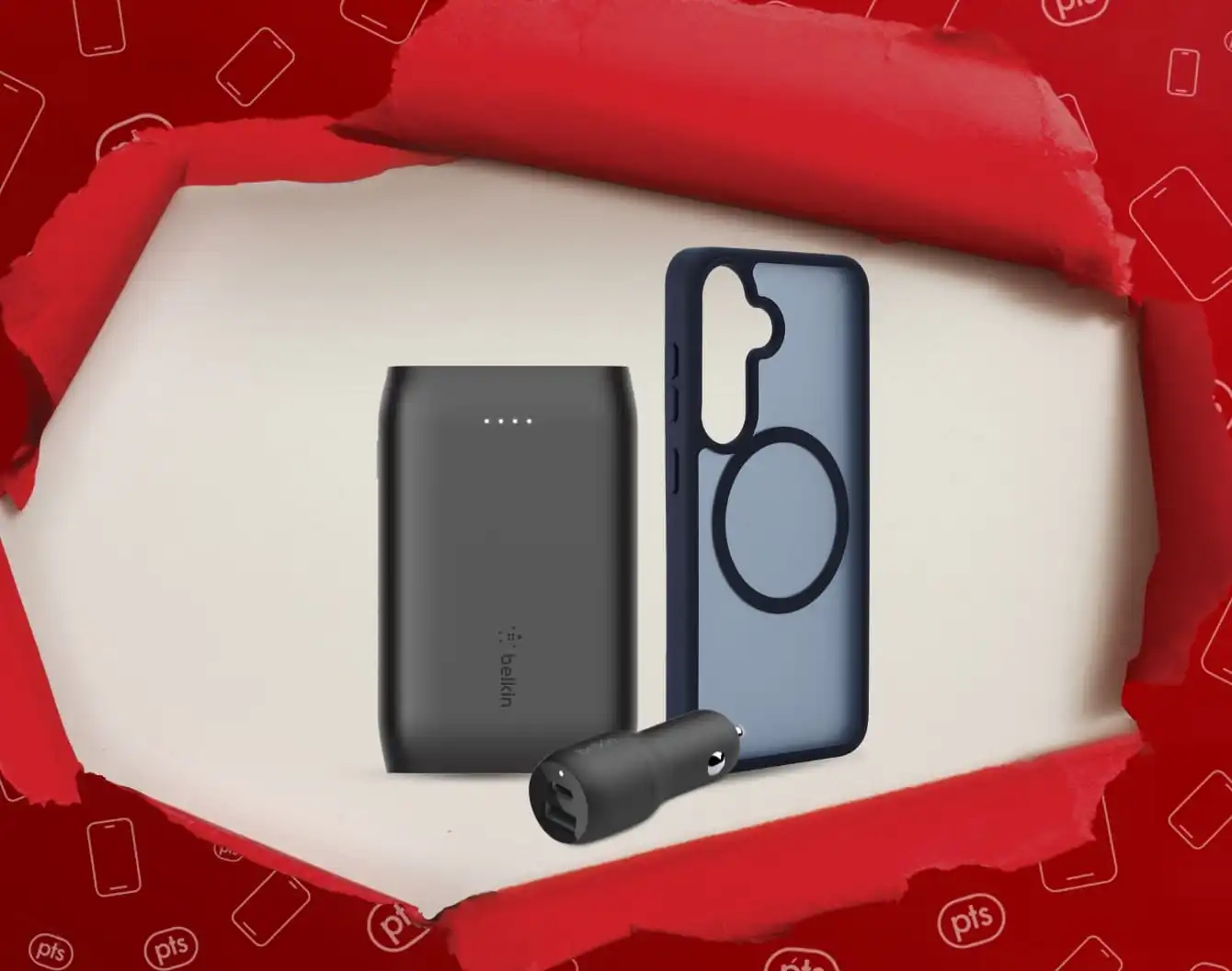 Red wrapping paper opens to reveal a blue Spectrum phone case and Black car charger and white powerbank