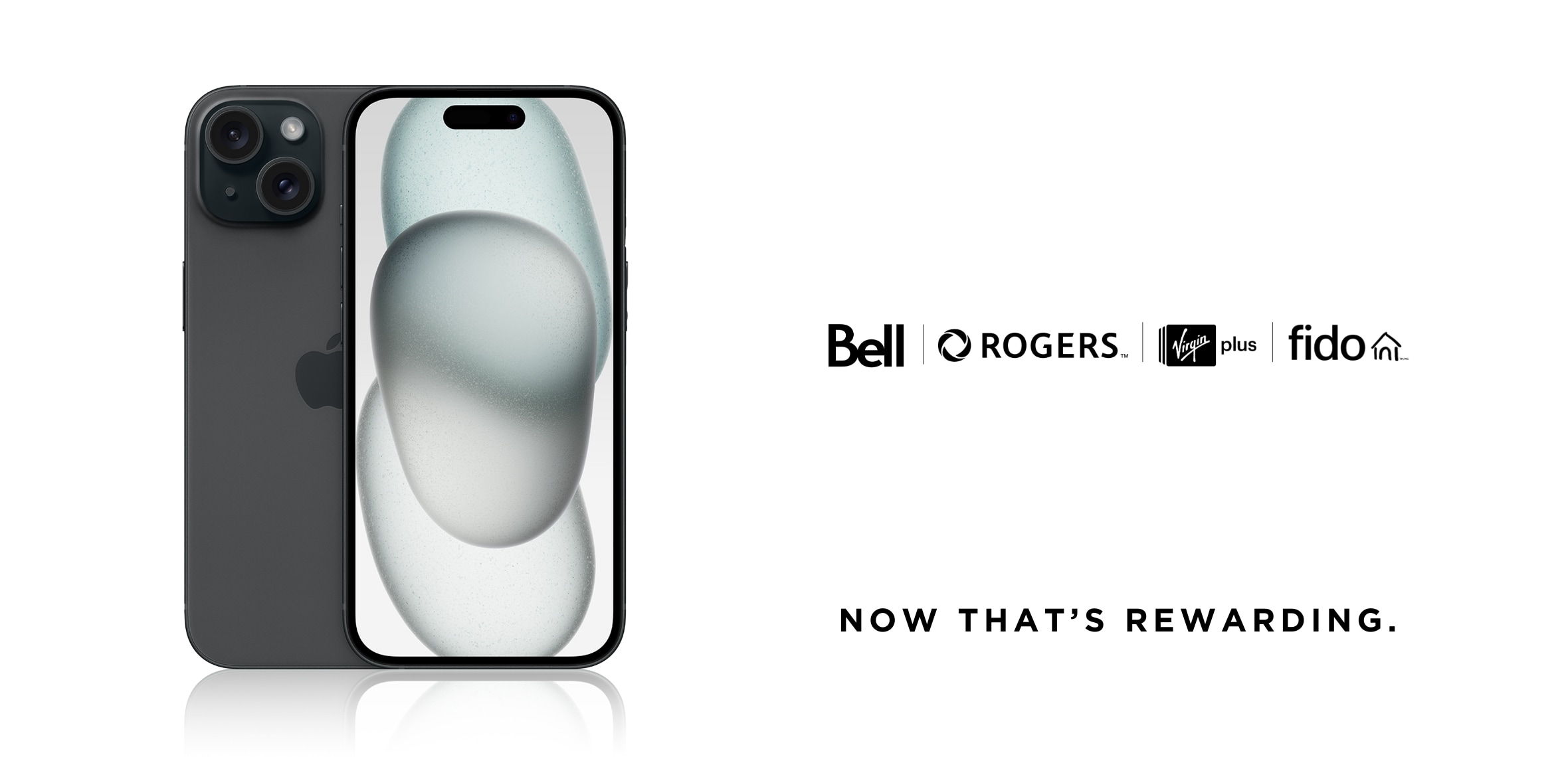 A black iPhone 15 phone with Bell, Rogers, Fido and Virgin Plus logos against a white background