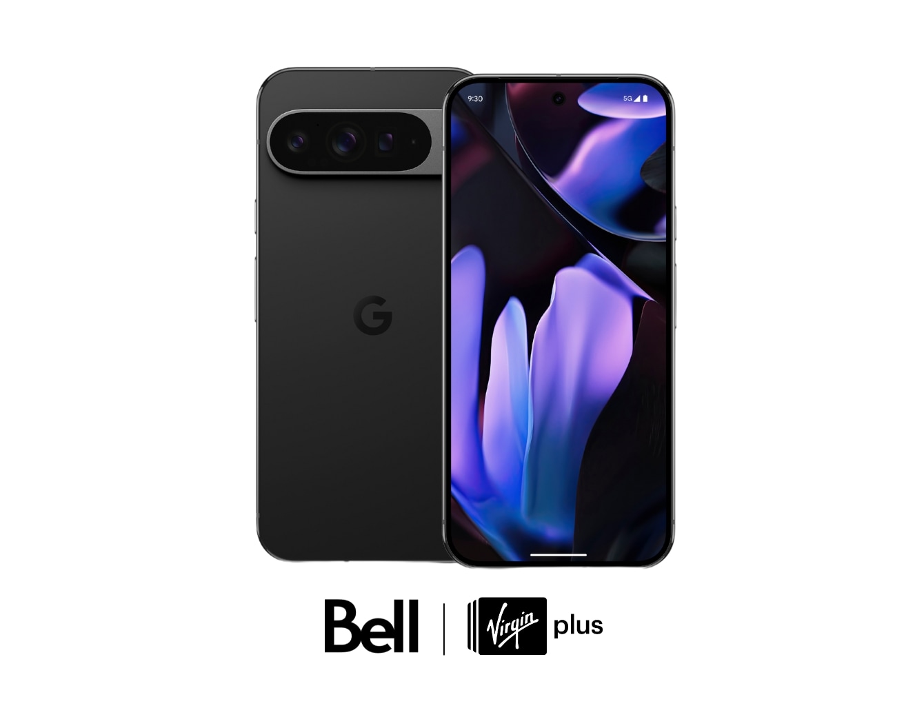 A Google Pixel 9 phone with Bell and Virgin Plus logos against a white background