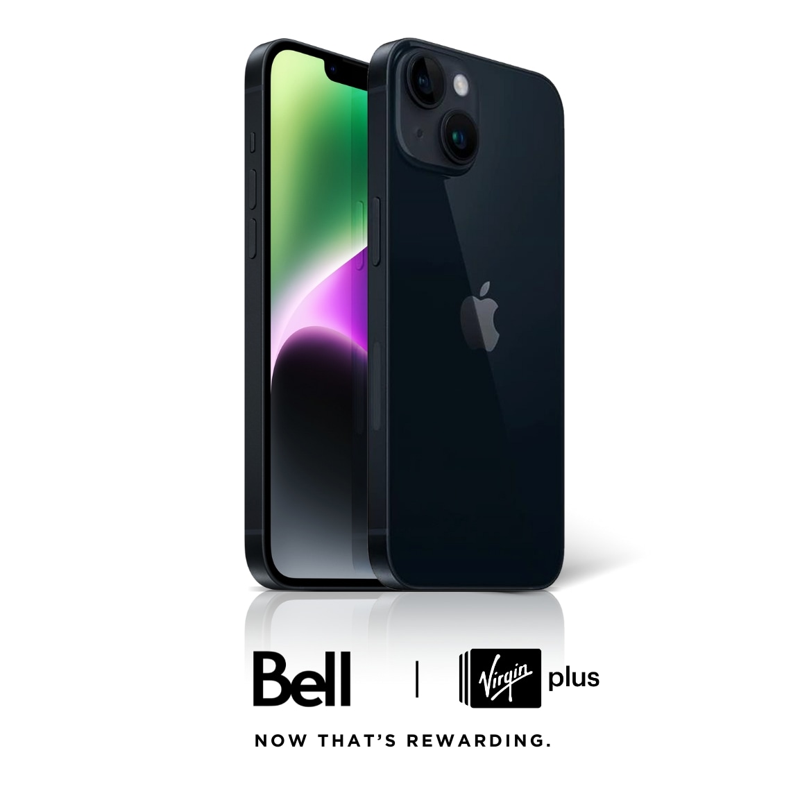 A black iPhone 13 with Bell and Virgin Plus logos against a white background